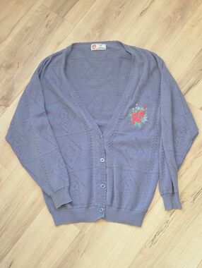 Vintage Dusty Blue Isle Of Cotton Knit Cardigan Ladies Large